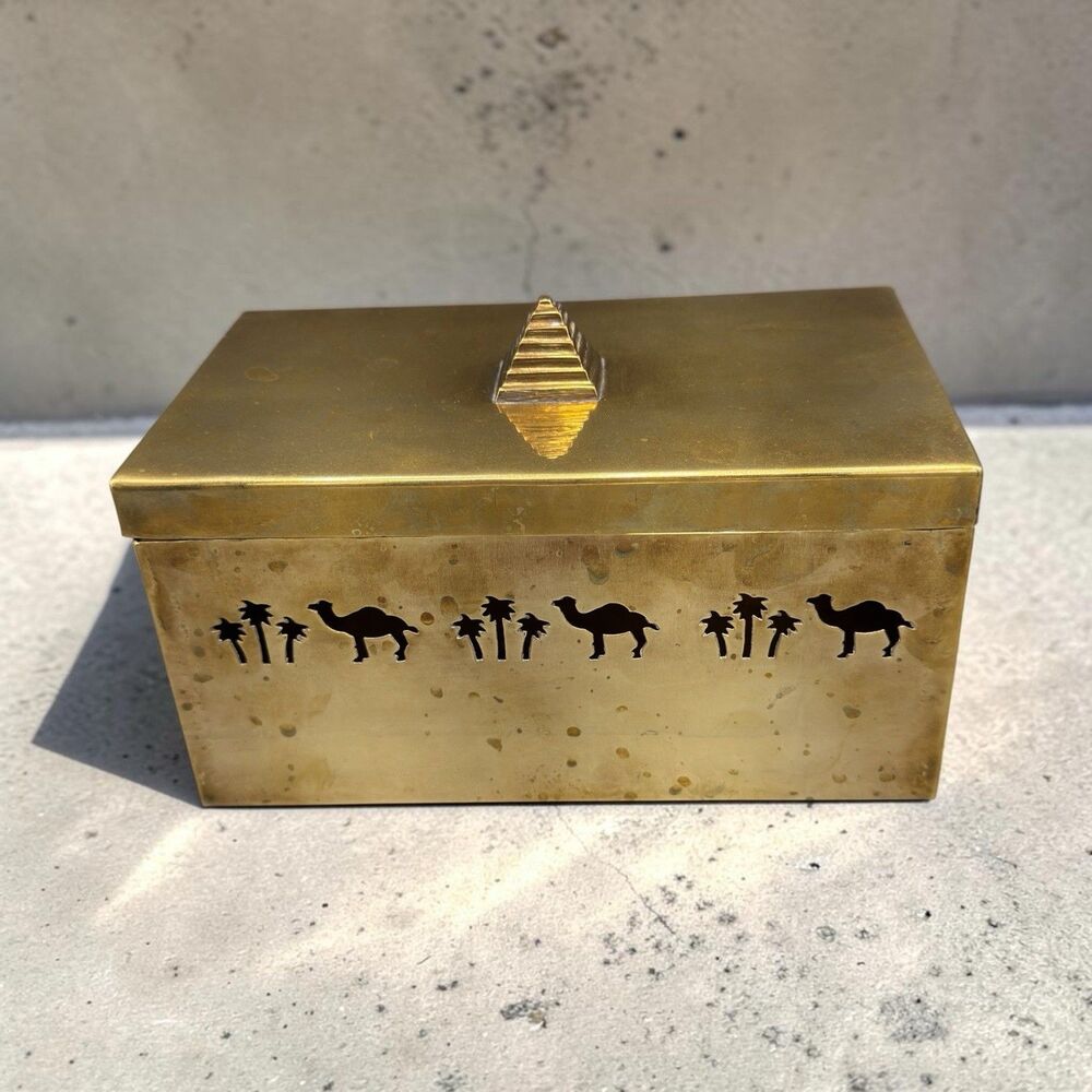 Vintage Brass Egyptian Style Jewerly Trinket, Candle, Camel, Palm Tree 7x4x3.5”